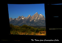 Pionier Cabin Window Framing the Tetons